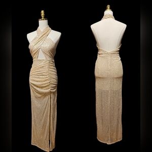 IDENTITY Sexy Elegant Gold Sequins Halter Dress Brandnew